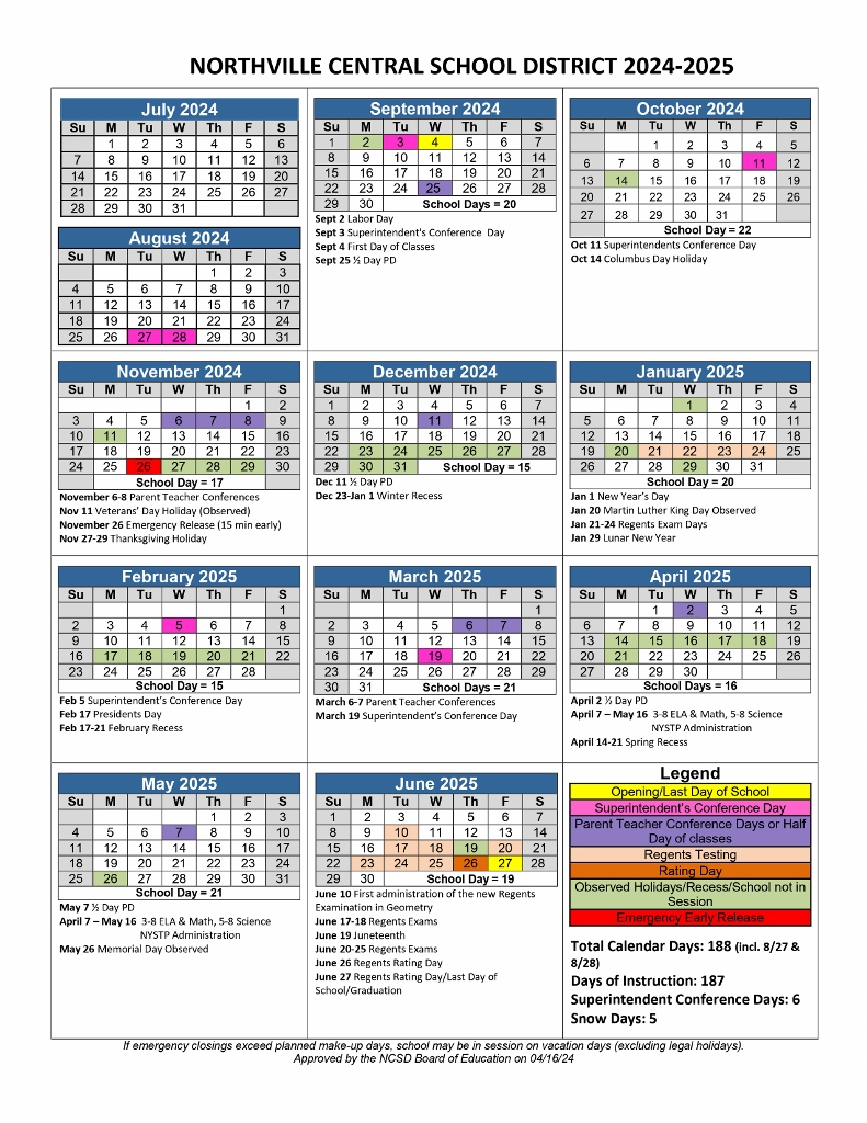 2024-25 District Calendar - Northville Central School District